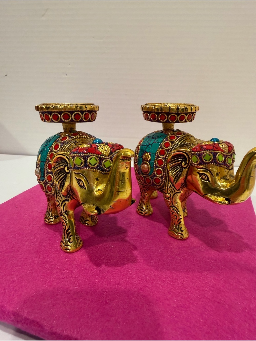 Vintage Pair Of Indian Brass Elephant Tea Light Candle Holders Intricate Mosaic